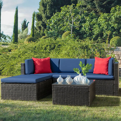 Devoko 5 Pieces Patio Furniture Sectional Set Outdoor Wicker Rattan Sofa Set Backyard Couch Conversation Sets with Pillow Cushions and Glass Table, Navy Blue