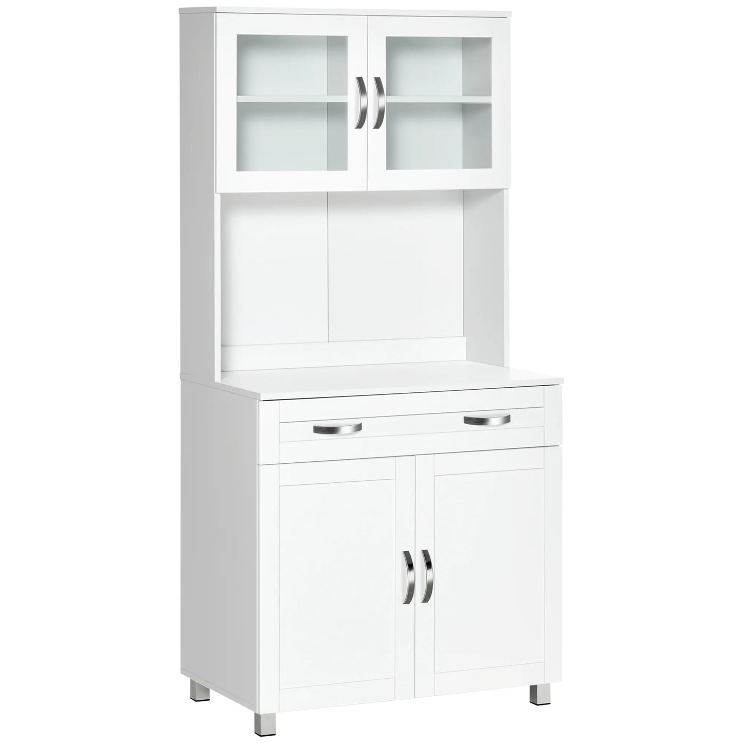 HOMCOM 67" Pantry Cabinet, Modern Kitchen Hutch, Freestanding Storage Cabinet with Glass Doors, Adjustable Shelves and Drawers, White