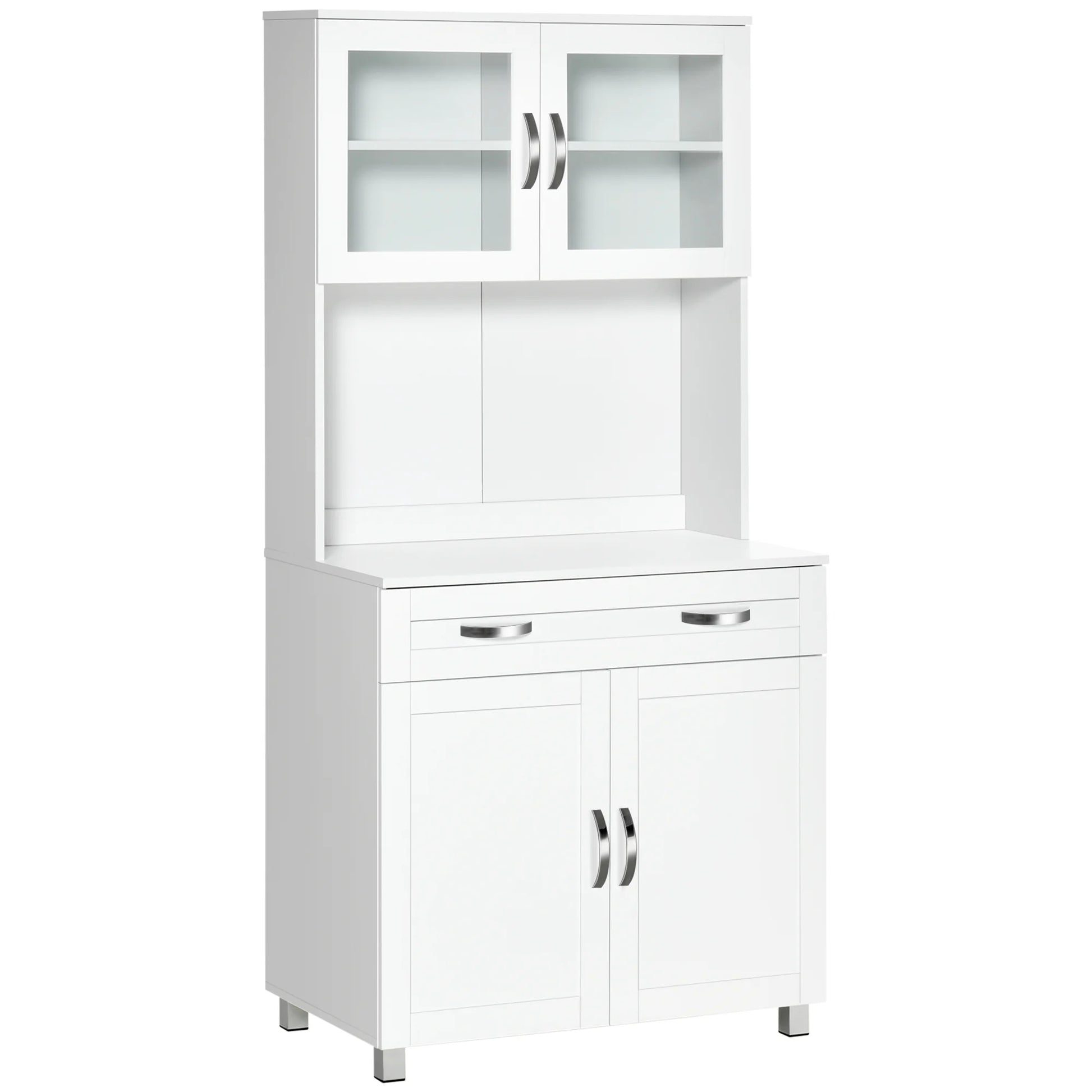 HOMCOM 67" Pantry Cabinet, Modern Kitchen Hutch, Freestanding Storage Cabinet with Glass Doors, Adjustable Shelves and Drawers, White