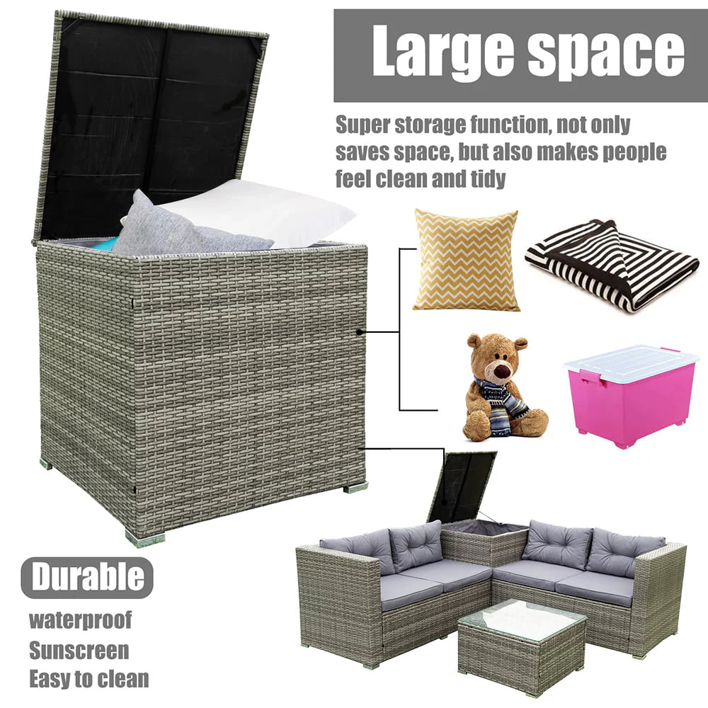 Rattan Patio Sofa Set, 4 Pieces Outdoor Sectional Furniture, All-Weather PE Rattan Wicker Patio Conversation, Cushioned Sofa Set with Glass Table & Storage Box for Patio Garden Poolside Deck