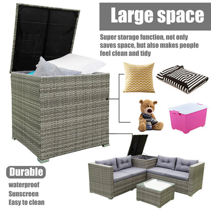 Rattan Patio Sofa Set, 4 Pieces Outdoor Sectional Furniture, All-Weather PE Rattan Wicker Patio Conversation, Cushioned Sofa Set with Glass Table & Storage Box for Patio Garden Poolside Deck