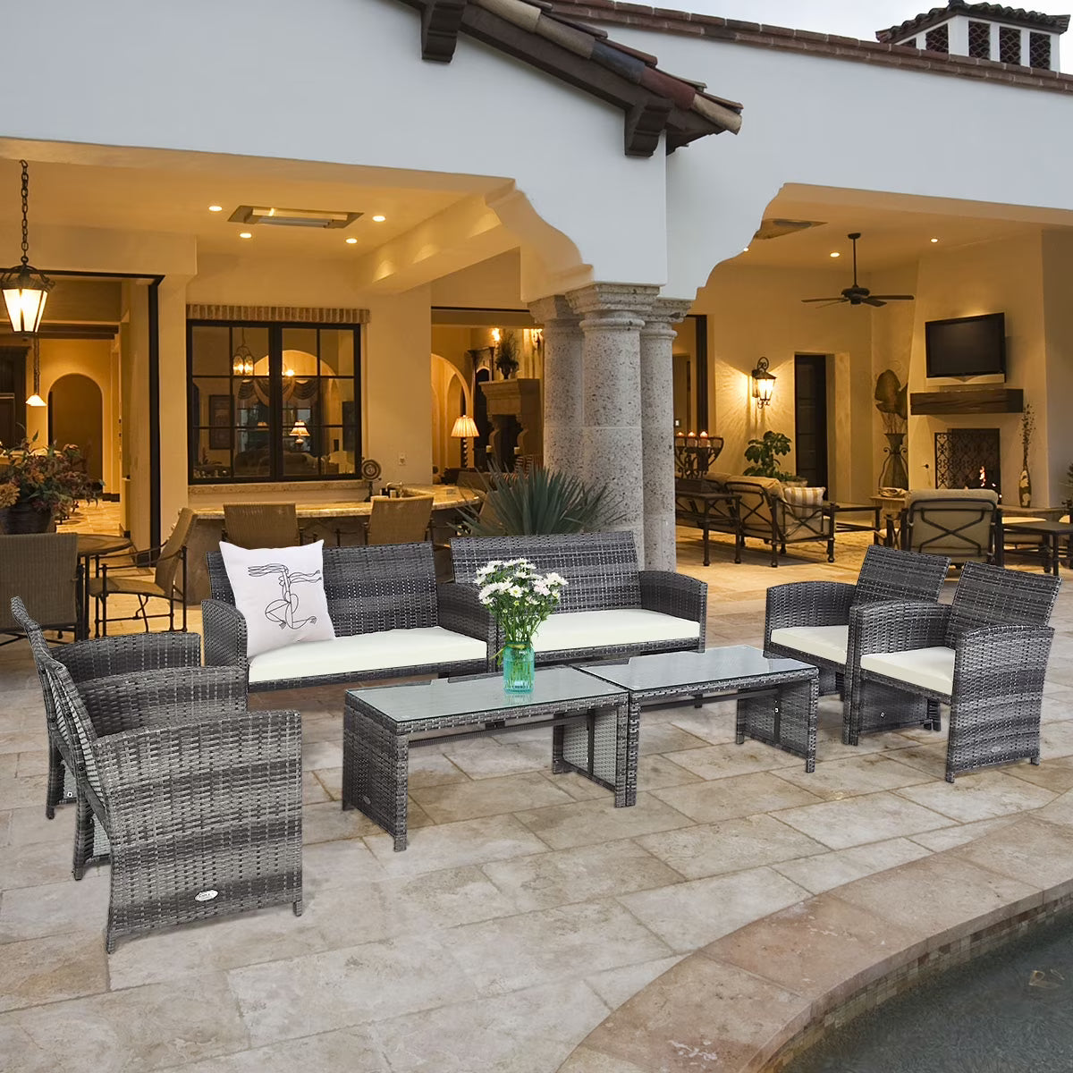 Costway 8PCS Patio Rattan Furniture Set Conversation Glass Table Top Sofa Cushioned Navy