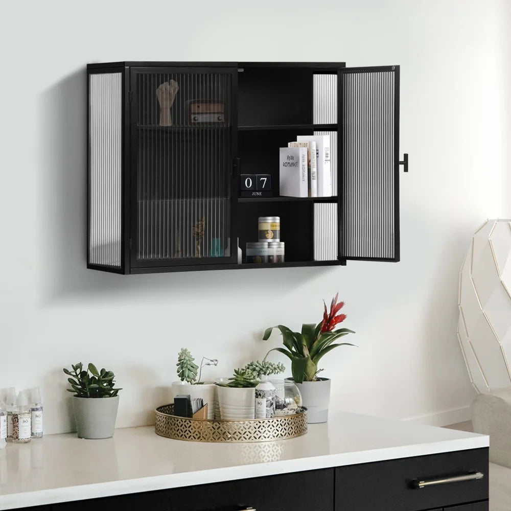 Tcbosik Metal Storage Cabinet, 2 Glass Doors Cabinet Sideboard, Curio Cabinet with Detachable Shelves, Metal Display Cabinet for Home Living Room, Hallway, Entryway, Bathroom, Kitchen, Black
