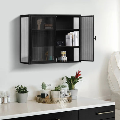 Tcbosik Metal Storage Cabinet, 2 Glass Doors Cabinet Sideboard, Curio Cabinet with Detachable Shelves, Metal Display Cabinet for Home Living Room, Hallway, Entryway, Bathroom, Kitchen, Black