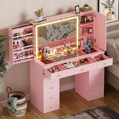 PAKASEPT Vanity Set with Lighted Mirror, Large Vanity Desk with Charging Station, Makeup Vanity Table with 11 Drawers & Hidden Sliding Storage Cabinet & Visible Glass Tabletop for Bedroom (White)