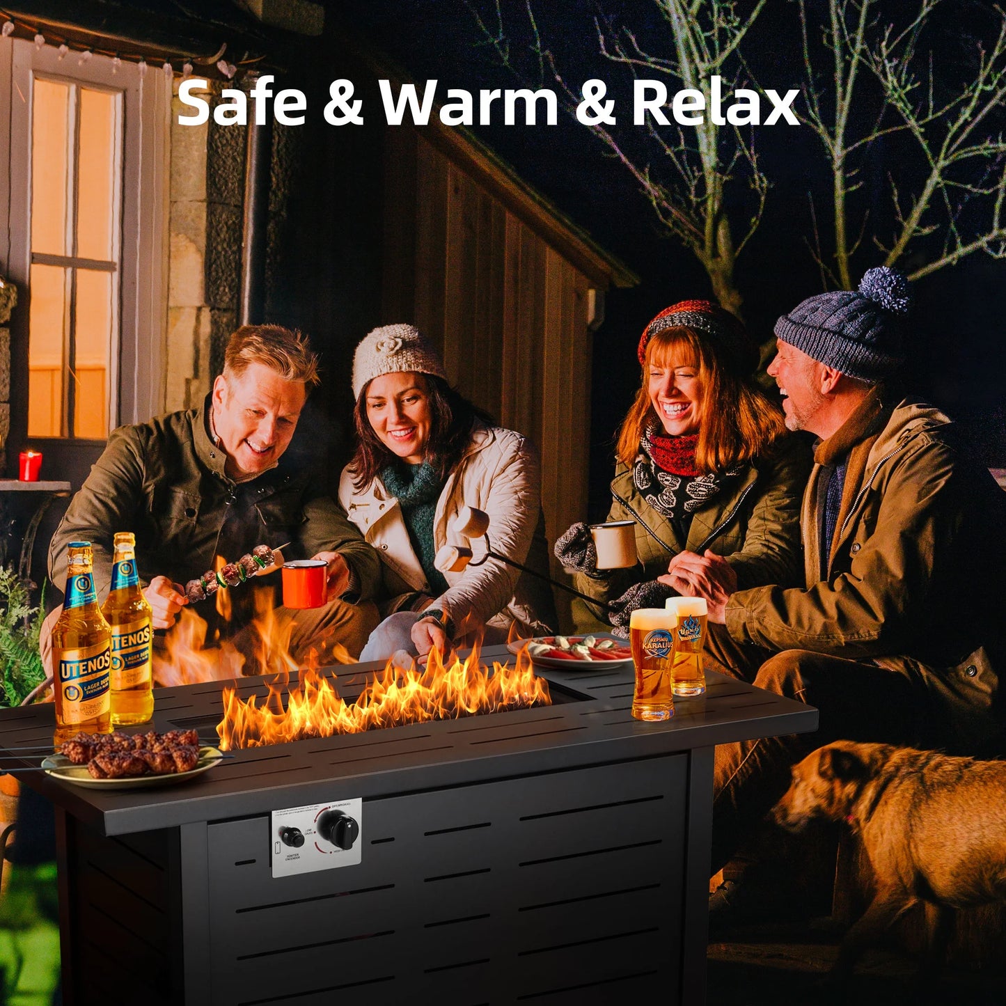 LHRIVER 43" Propane Fire Pit Table, 50,000 BTU Outdoor Windproof Gas Fire Pit with Lid, Smokeless Glass Rocks, Cover