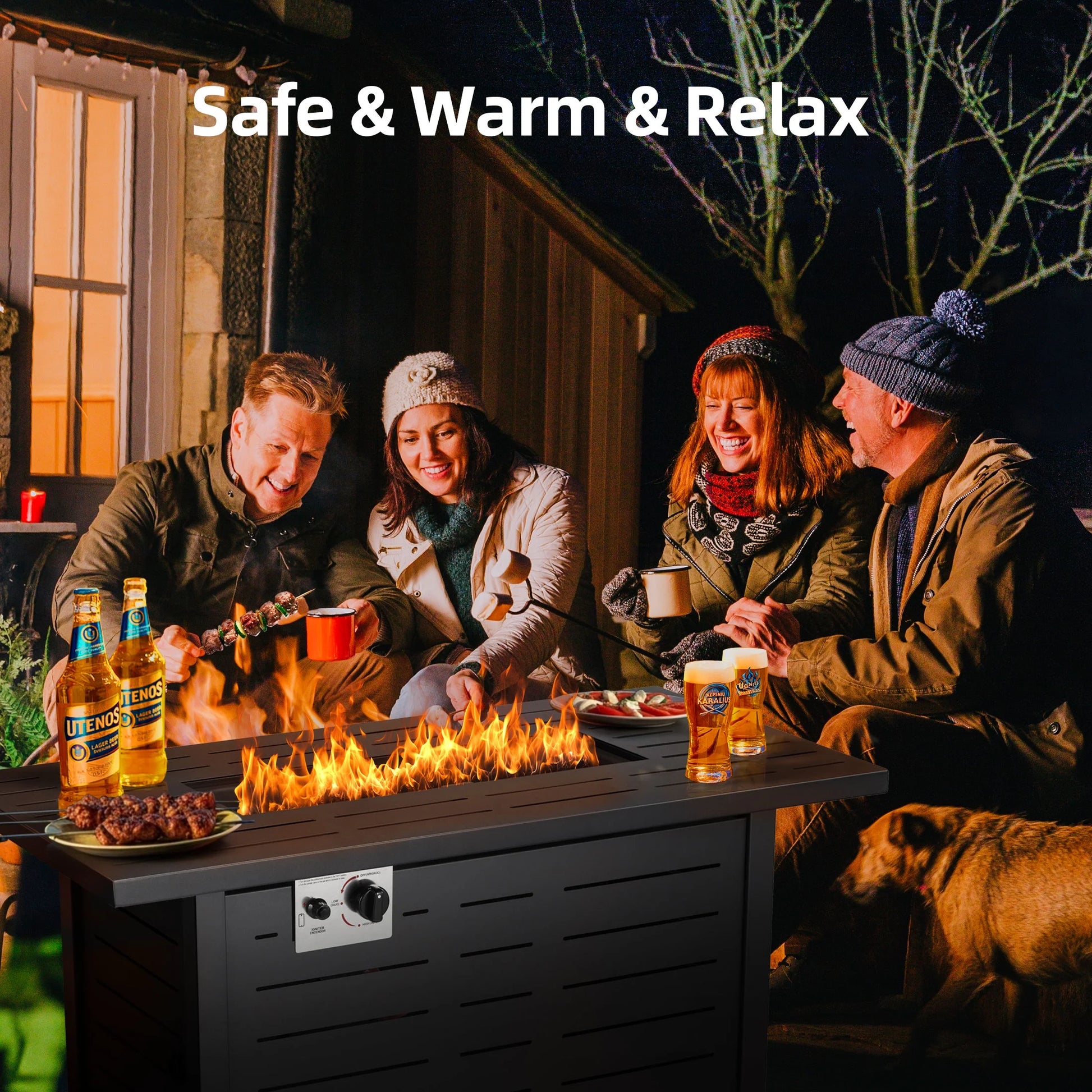 LHRIVER 43" Propane Fire Pit Table, 50,000 BTU Outdoor Windproof Gas Fire Pit with Lid, Smokeless Glass Rocks, Cover