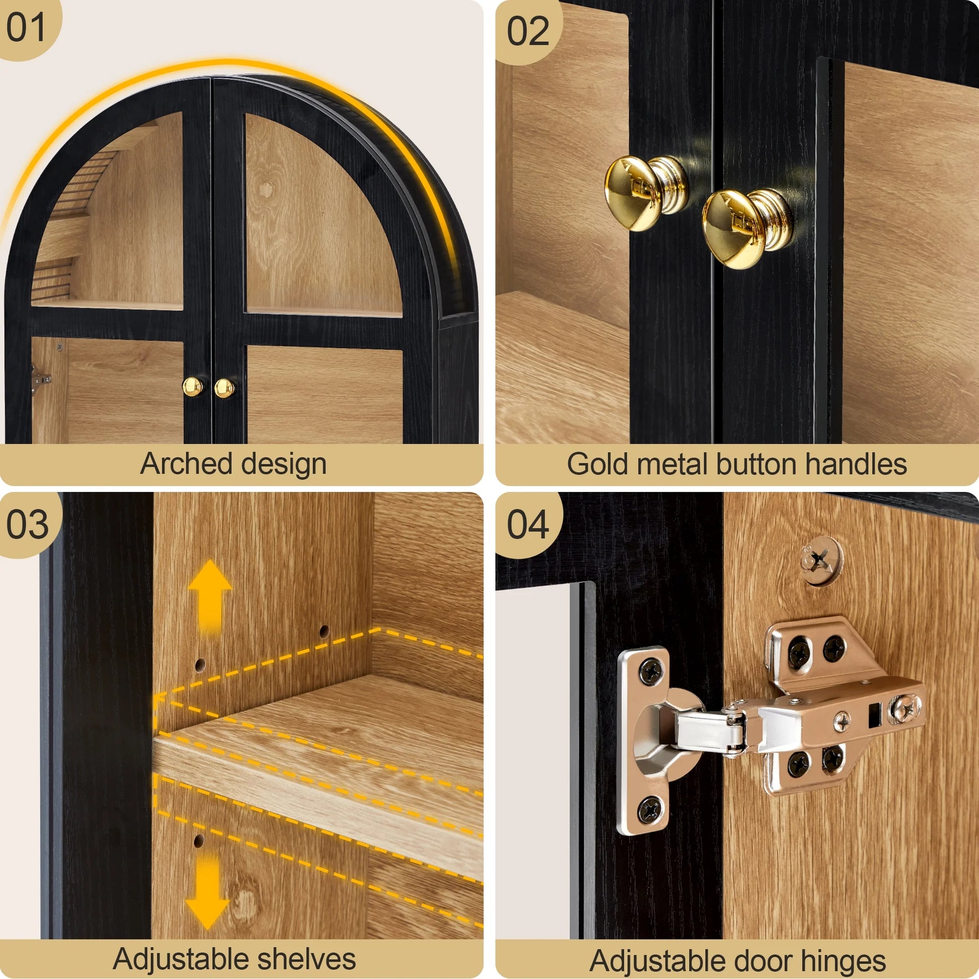 LEFHDA Arched Wall Cabinet with Glass Door, Black Open Storage Cabinet, Hanging Bathroom Shelf, Modern Wall Bathroom Cabinet with Adjustable Shelf Gold Metal Handles