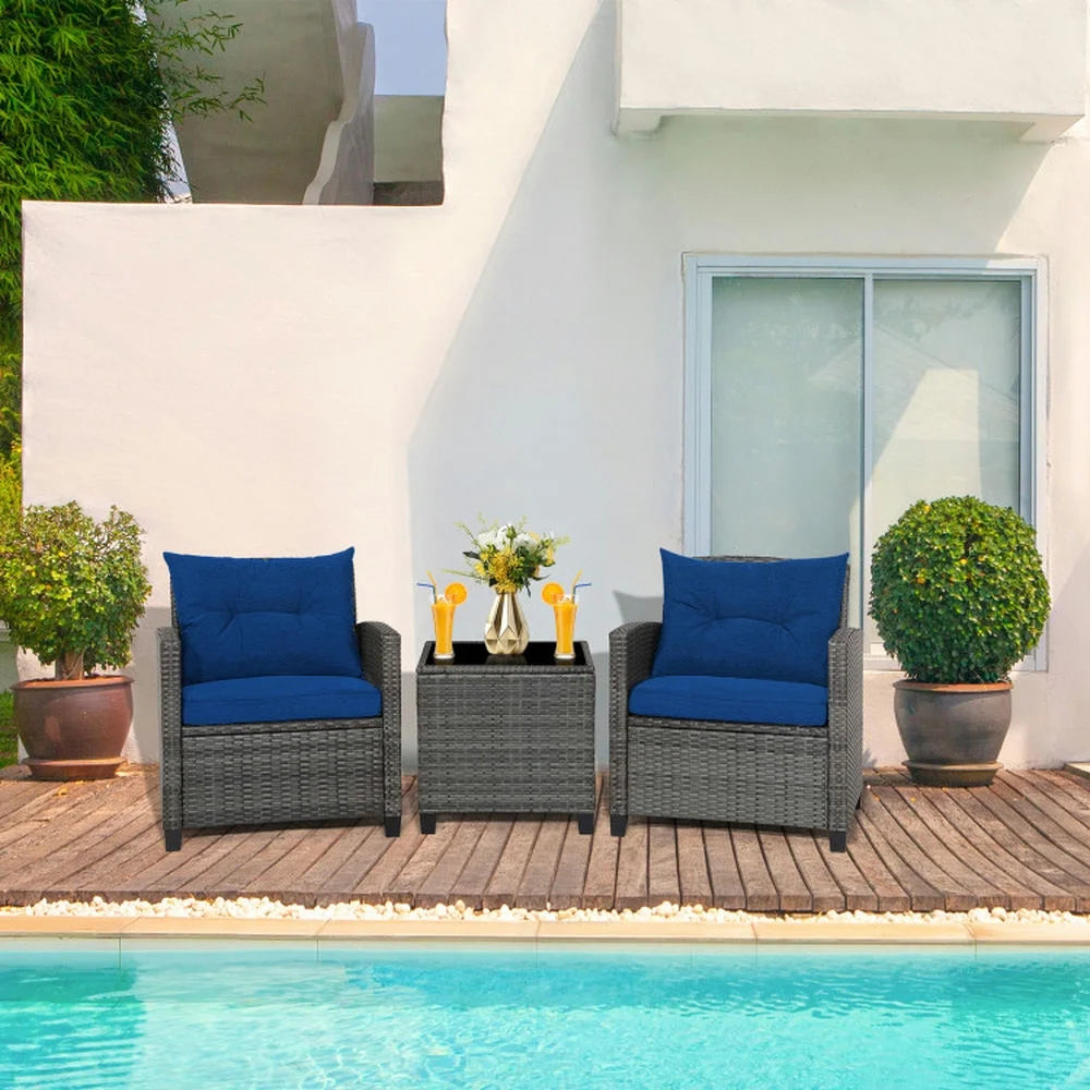 Kadyn Outdoor Seating Sets,Garden Conversation Sets,3 Pieces Outdoor Wicker Conversation Set with Tempered Glass Tabletop-Navy