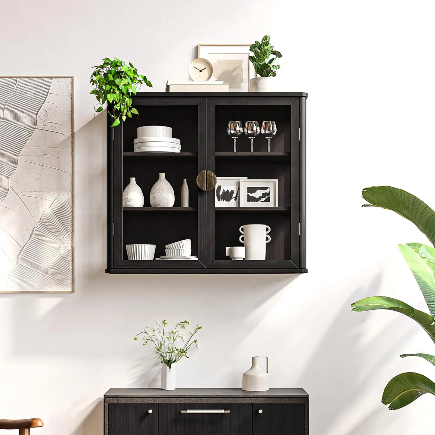 POLIHOME Display Wall Cabinet with Tempered Glass DoorsStorage Cabinet with Adjustable Shelves