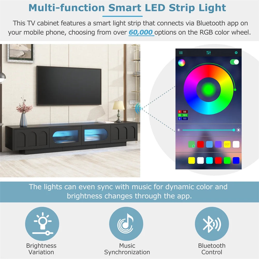 M optimized Modern TV Stand, Media Console for TVs up to 95", Entertainment Center with Fluted Tempered Glass Doors, APP-Controlled LED Light for Living Room