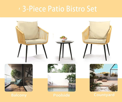 Esmlada 3 Piece Patio Bistro Set, Outdoor All-Weather Conversation Bistro Set w/2 Wide Ergonomic Chairs, Cushions& Glass Top Table for Porch, Backyard, Balcony, Garden (Yellow-Beige)