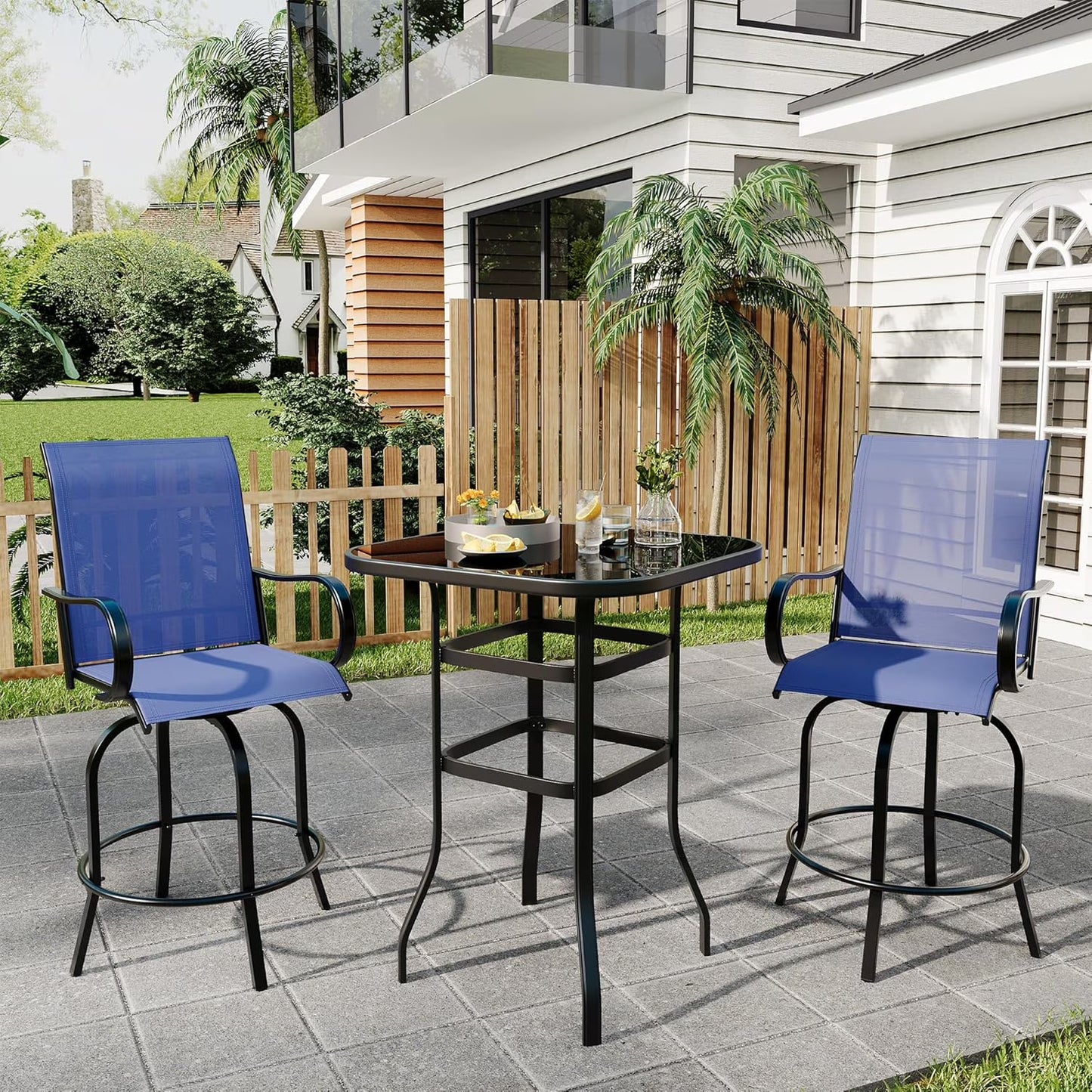 Garvee Outdoor Bar Table with Tempered Glass, Square High-Top Patio Bistro Table, Metal Frame Bar Height Table for Backyard, Poolside, Garden & Balcony