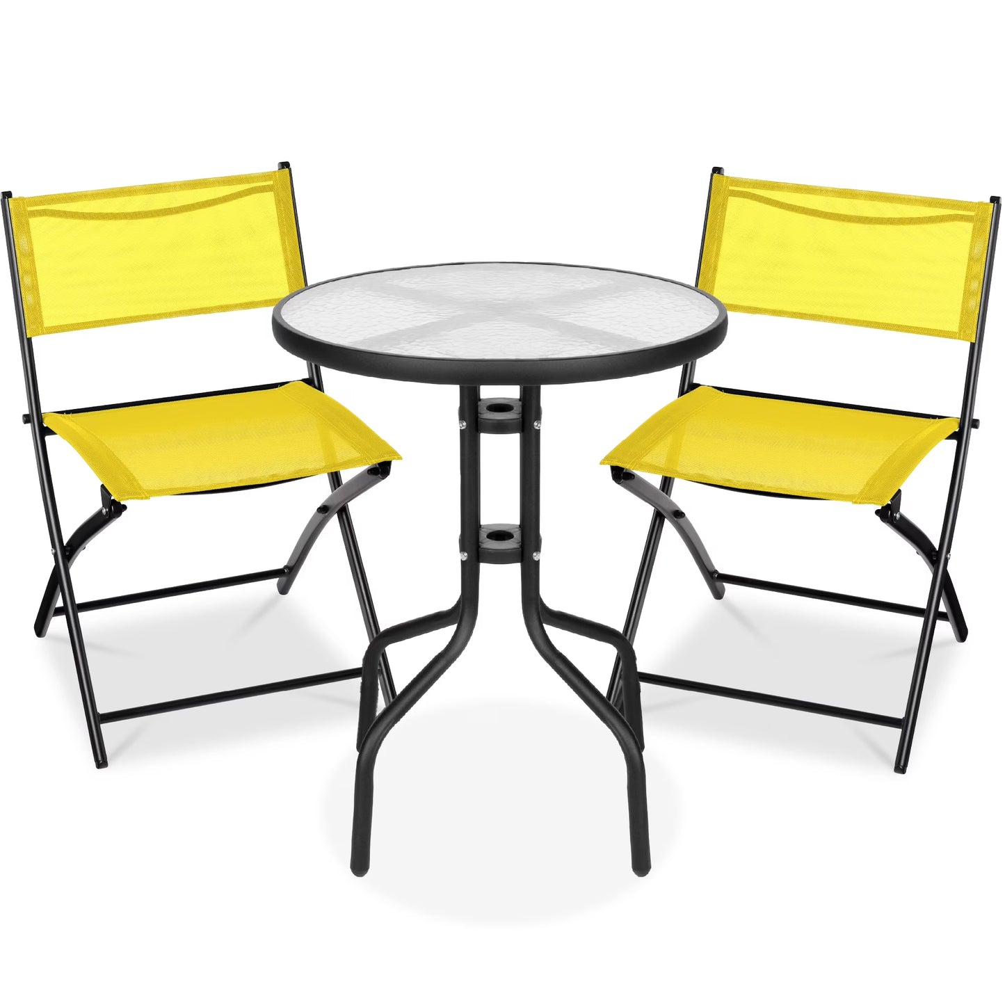 Best Choice Products 3-Piece Patio Bistro Dining Furniture Set w/Glass Tabletop, Folding Chairs - Gray