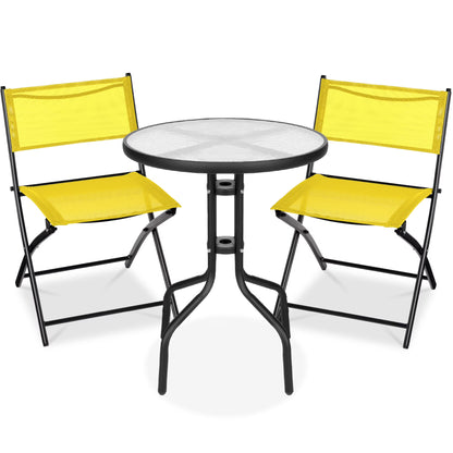 Best Choice Products 3-Piece Patio Bistro Dining Furniture Set w/Glass Tabletop, Folding Chairs - Gray