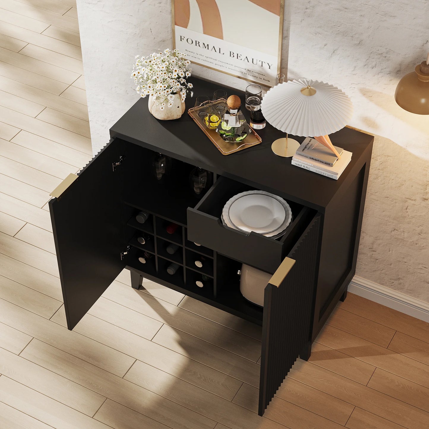 VEANERWOOD Wine Bar Cabinet with 2 Door Fluted Texture, Kitchen Sideboard Buffet with Wine Rack& Glass Holder for Living Room