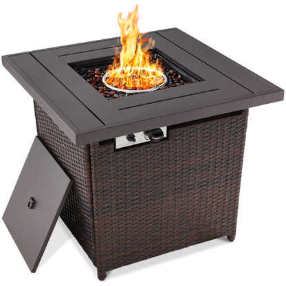 Best Choice Products 28in Propane Gas Fire Pit Table 50,000 BTU Outdoor Wicker w/Glass Beads, Tank Holder Brown