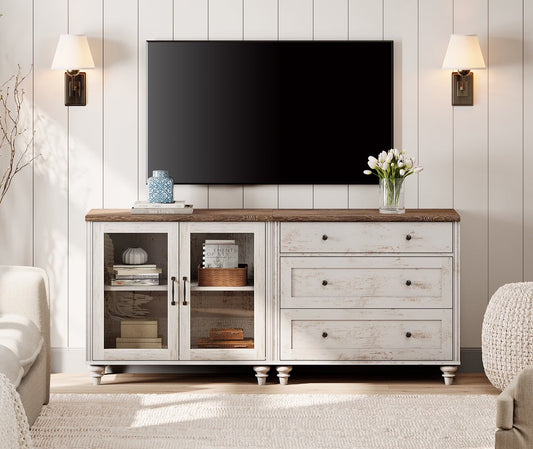 TV Stand for 75-Inch TVs, Wooden TV Cabinet Entertainment Center Television Stands for Living Room, 2-in-1 Sideboard Buffet Cabinet with Glass Door & Drawer for Kitchen, Rustic White