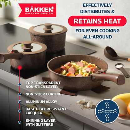 Bakken Master 38 Piece Granite Cookware and Bakeware Set - Nonstick Granite Coating, Pots and Pans with Detachable Handles and Tempered Glass Lids, 6-piece Bakeware set, 12-piece Mixing Bowls,Brown