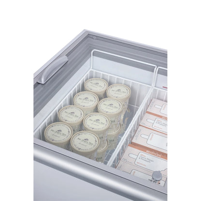Flat top commercial ice cream freezer with sliding glass lid, digital thermostat, novelty baskets, and 16.6 cu.ft. capacity