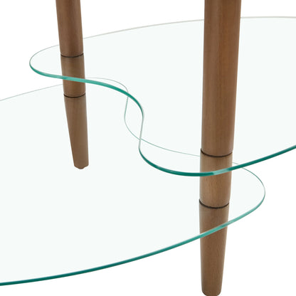 Glass Coffee Table, 3 Tier Clear Oval Glass Table with Oak Wood Legs, Smooth Edges Modern Oval Side Center Table