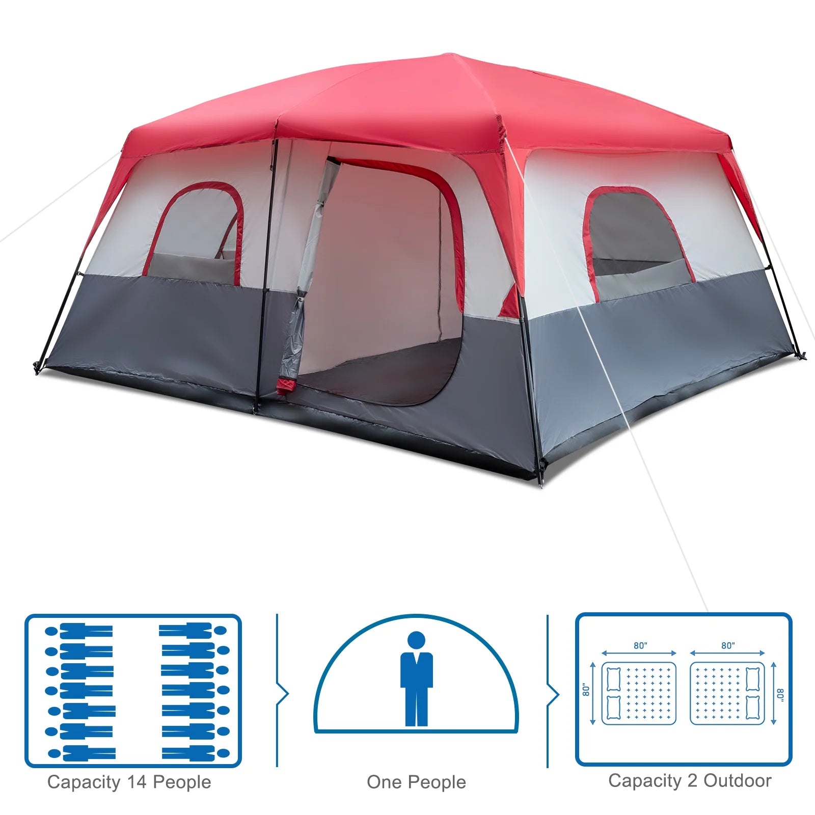 14-Person Camping Tent - 14'x14' (430x430cm) Family Dome Tent with Fiberglass Poles, Waterproof Polyester - Red/White