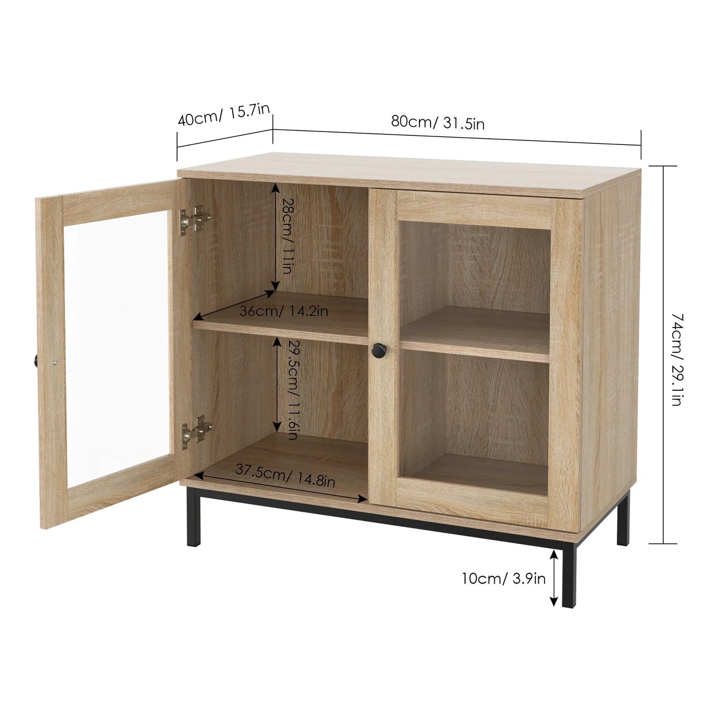 Homfa Wide Accent Cabinet with Glass Doors, Adjustable Shelves Display Cabinet with Metal Base, Oak