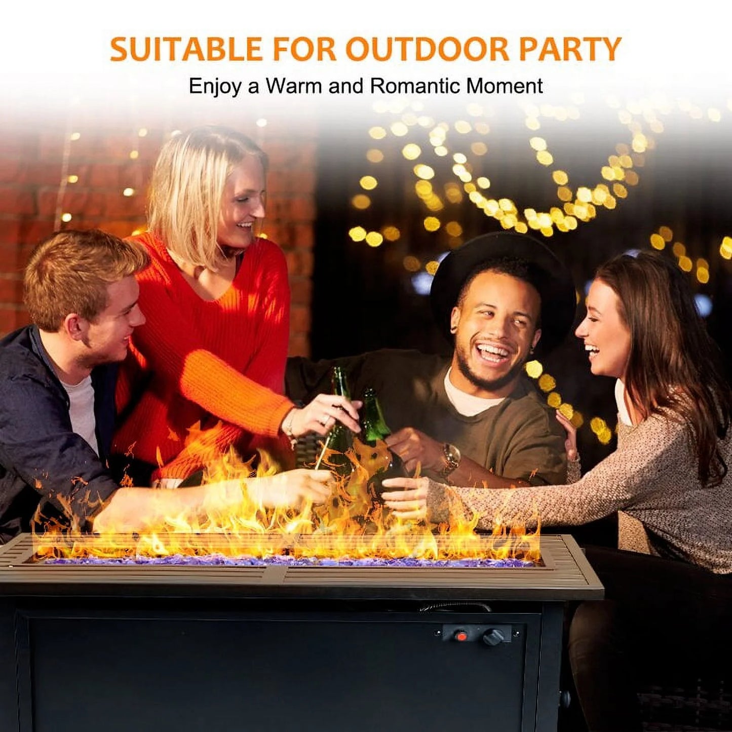 MF Studio 45" Rectangular Steel Propane Fire Pit Table 50000BTU Gas Fire Pit with Blue Fire Glass and Lid, Black