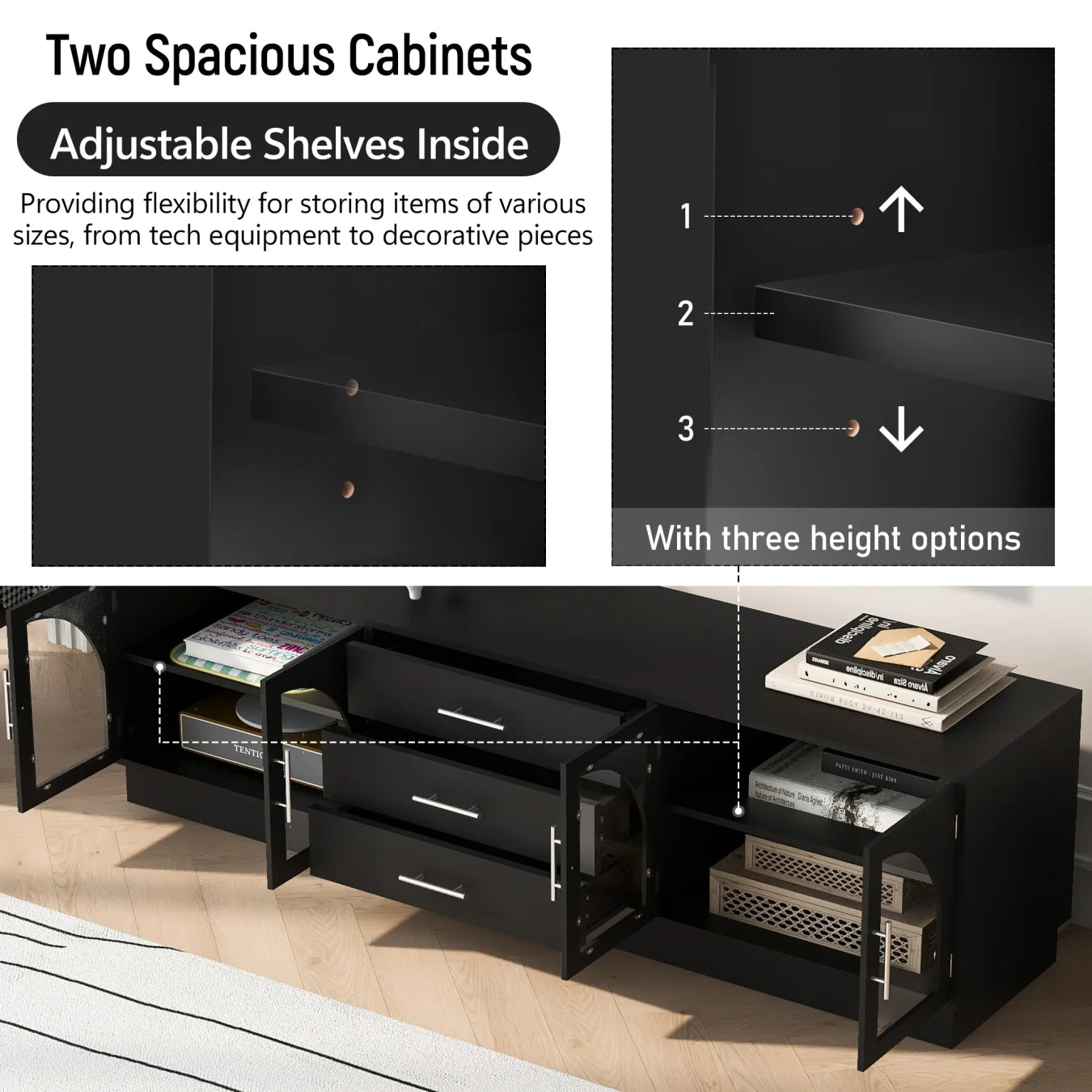 TV Stand for 75 Inch TV, Entertainment Center with Storage Cabinets and 3 Drawers, Media Console Cabinet with Adjustable Shelves and Glass Doors for Living Room, Black