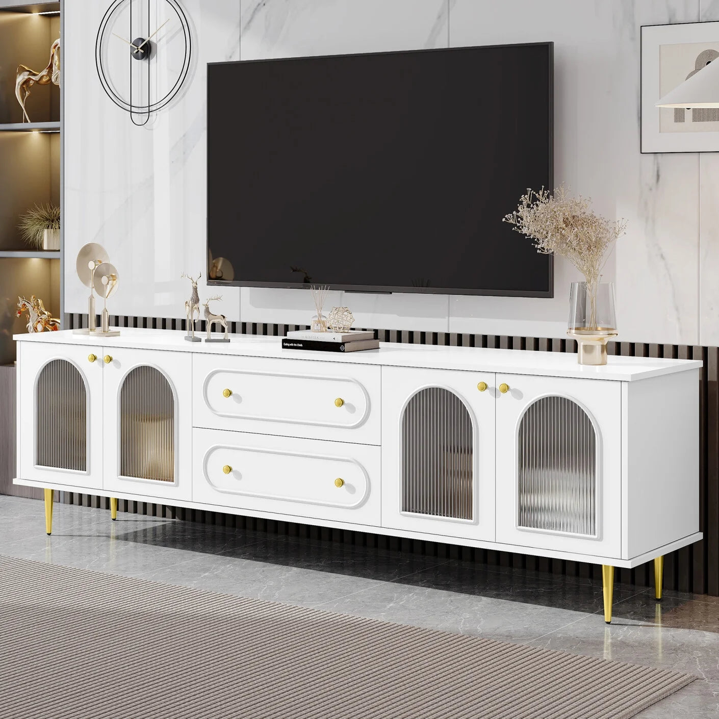 TV Stand for 80 inch TV, Entertainment Center with 2 Drawers and 2 Cabinets, Low Profile TV Consoles with Fluted Glass Doors and 5 Metal Legs for Living Room, Black