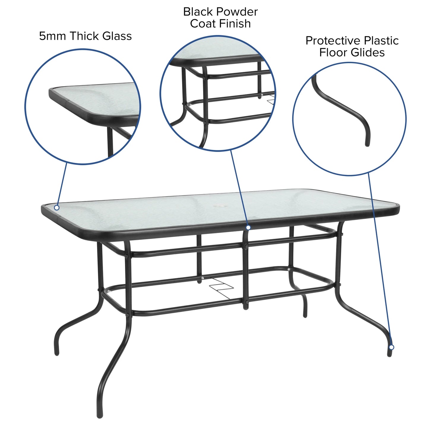 Flash Furniture Tory 31.5" x 55" Glass Metal Patio Table with Umbrella Hole, Black