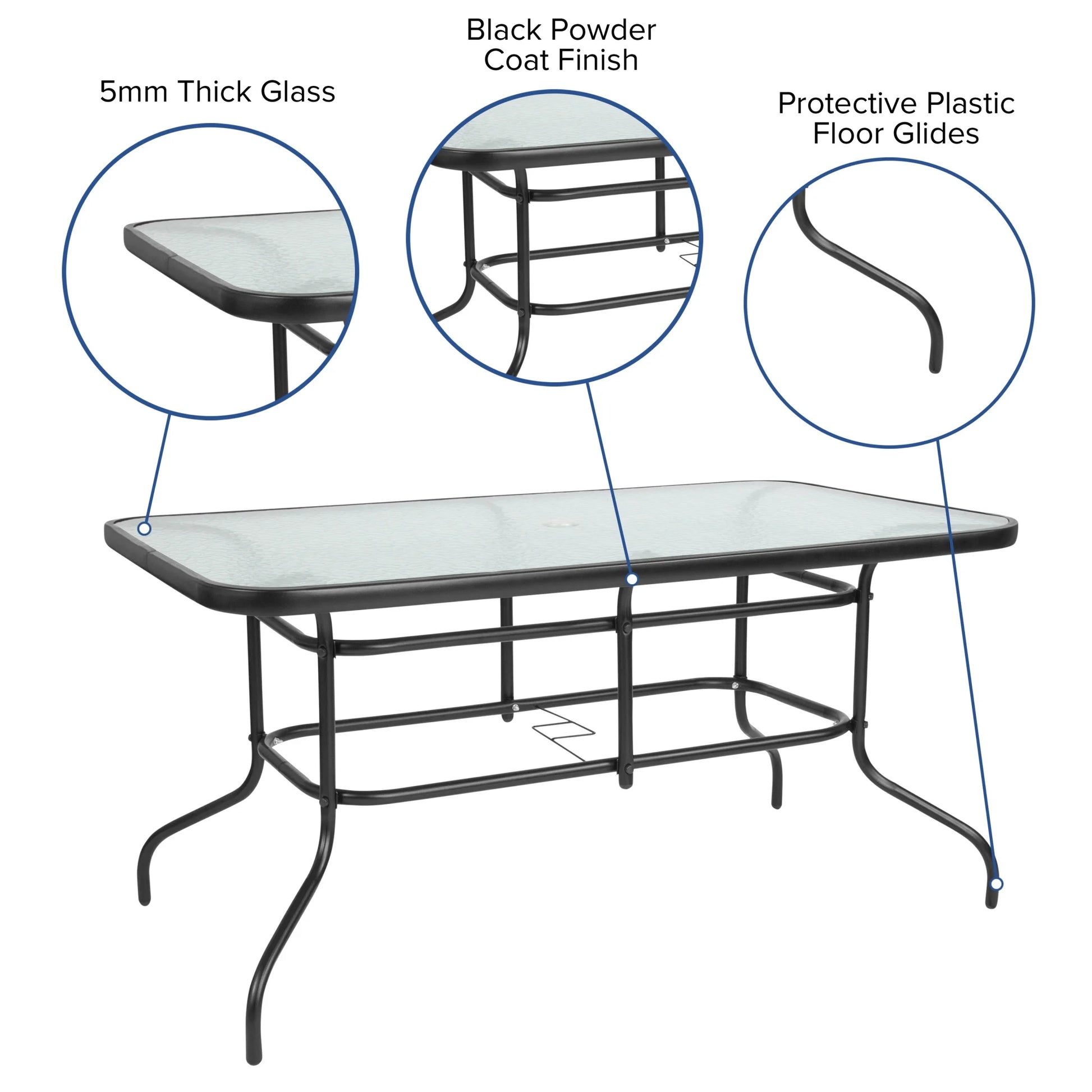 Flash Furniture Tory 31.5" x 55" Glass Metal Patio Table with Umbrella Hole, Black