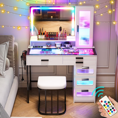 HNEBC Vanity Desk with Mirror and RGB Lights, Glass Top Makeup Vanity with Auto Sensor Lights and Wireless Charging, Vanity Table Set with Cushion Stool, Dressing Table with 6 Drawers (White)