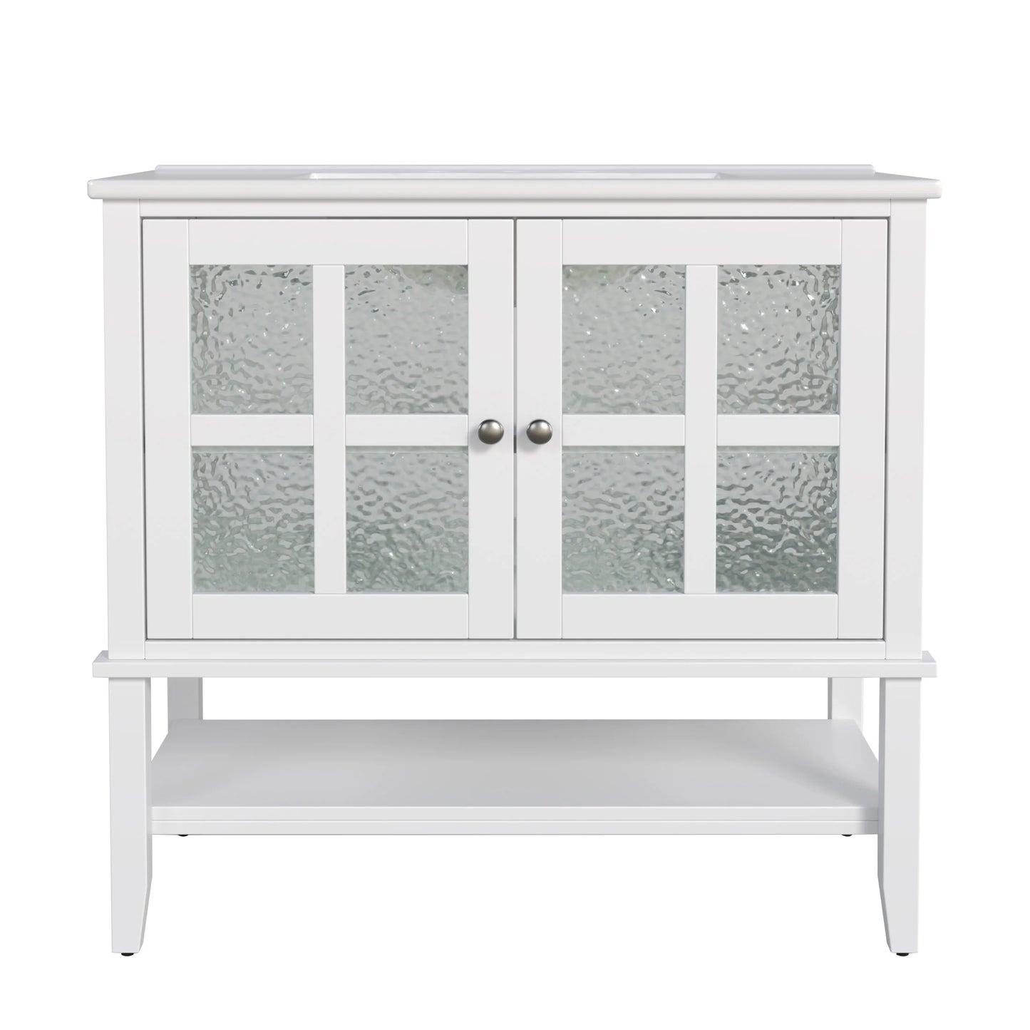 Christopher Knight Home 36" Bathroom Vanity with Sink, Textured Glass Doors, Open Shelf, White