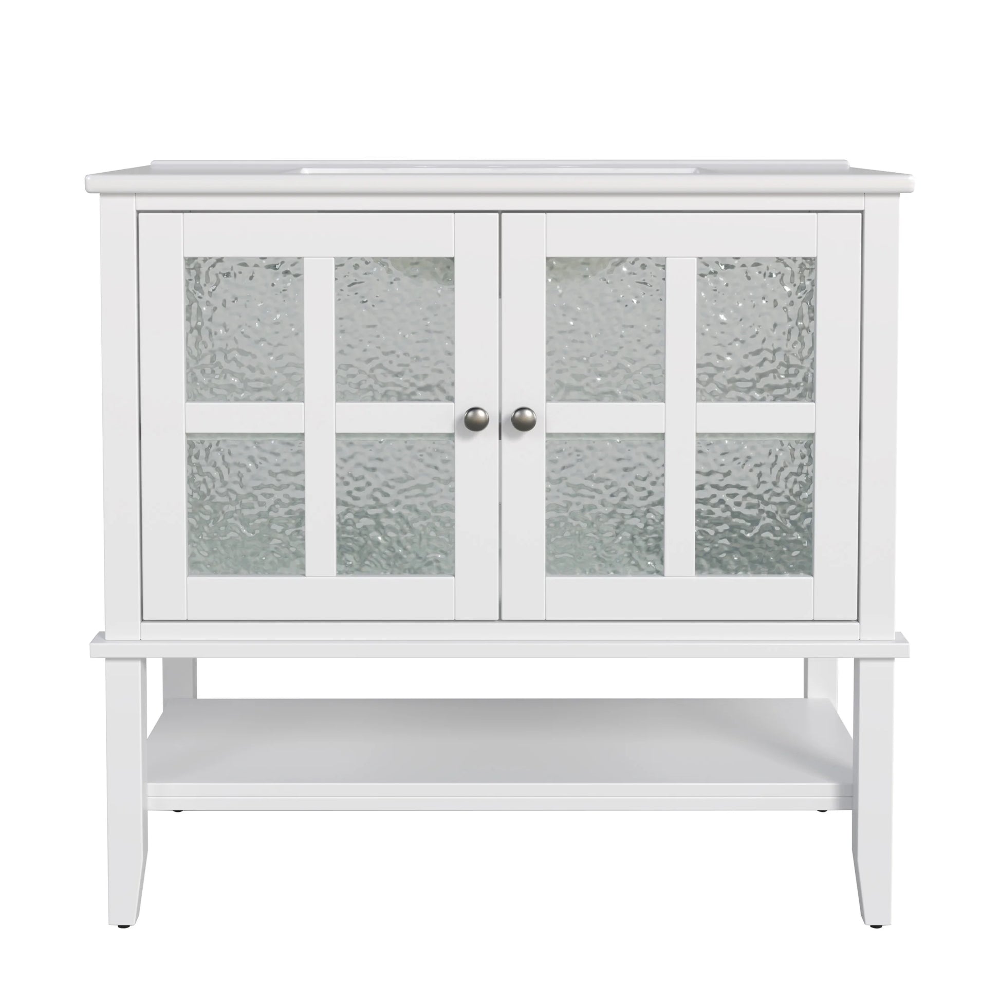 Christopher Knight Home 36" Bathroom Vanity with Sink, Textured Glass Doors, Open Shelf, White