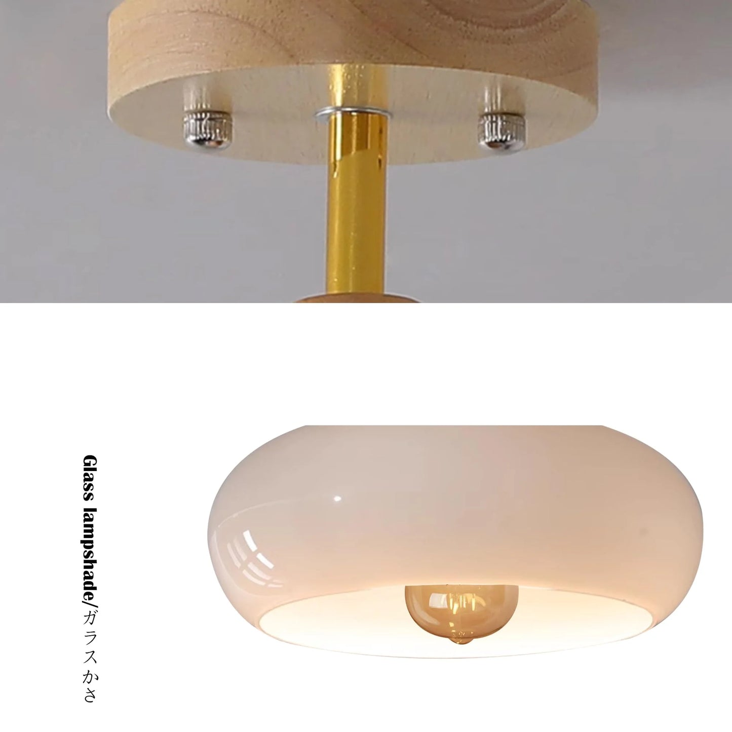 FSLiving White Smooth Glass Hanging Light with 15ft Plug-in Cord Wood Decorative Plug In Ceiling Light Fixtures,Industrial Semi Flush Mount Dimmable Pendant Light for Bedroom Hallway - 1 Pack