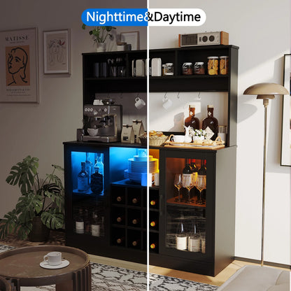 Bar Cabinet with LED Lights, Home Coffee Cabinet with Wine and Glass Rack, Buffet Sideboard with Storage Shelf for Kitchen, Modern Liquor Cabinet for Home, Black