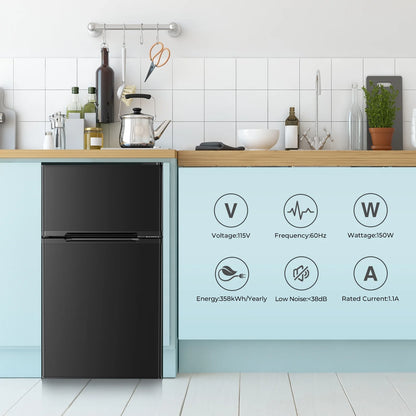 WAA 3.1 Cu.Ft Mini Fridge with Freezer,2 Door Compact Refrigerator,Mini Fridge with Adjustable Removable Glass Shelves for Bedroom,Office,Dorm or Apartment,Black