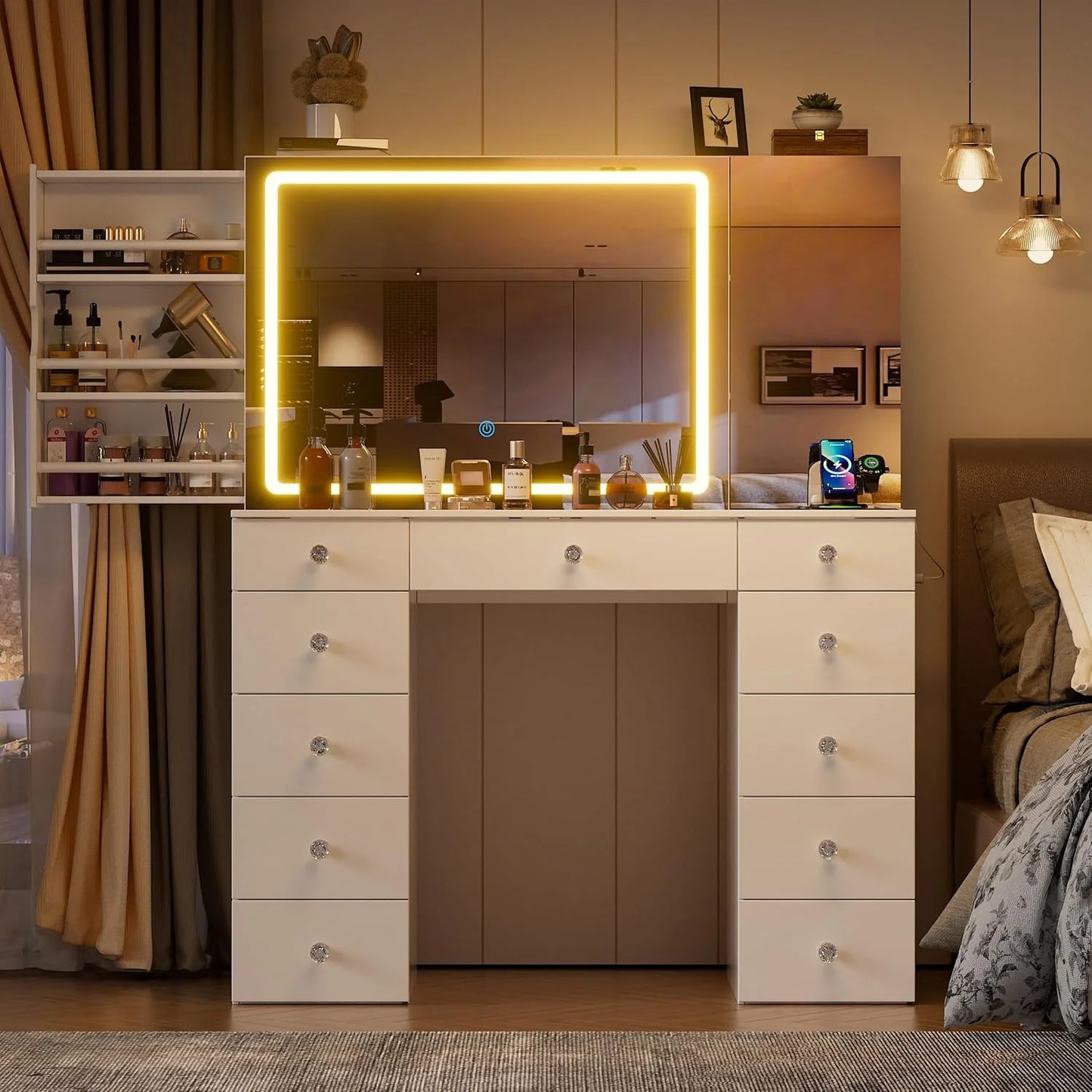 PAKASEPT Vanity Set with Lighted Mirror, Large Vanity Desk with Charging Station, Makeup Vanity Table with 11 Drawers & Hidden Sliding Storage Cabinet & Visible Glass Tabletop for Bedroom (White)
