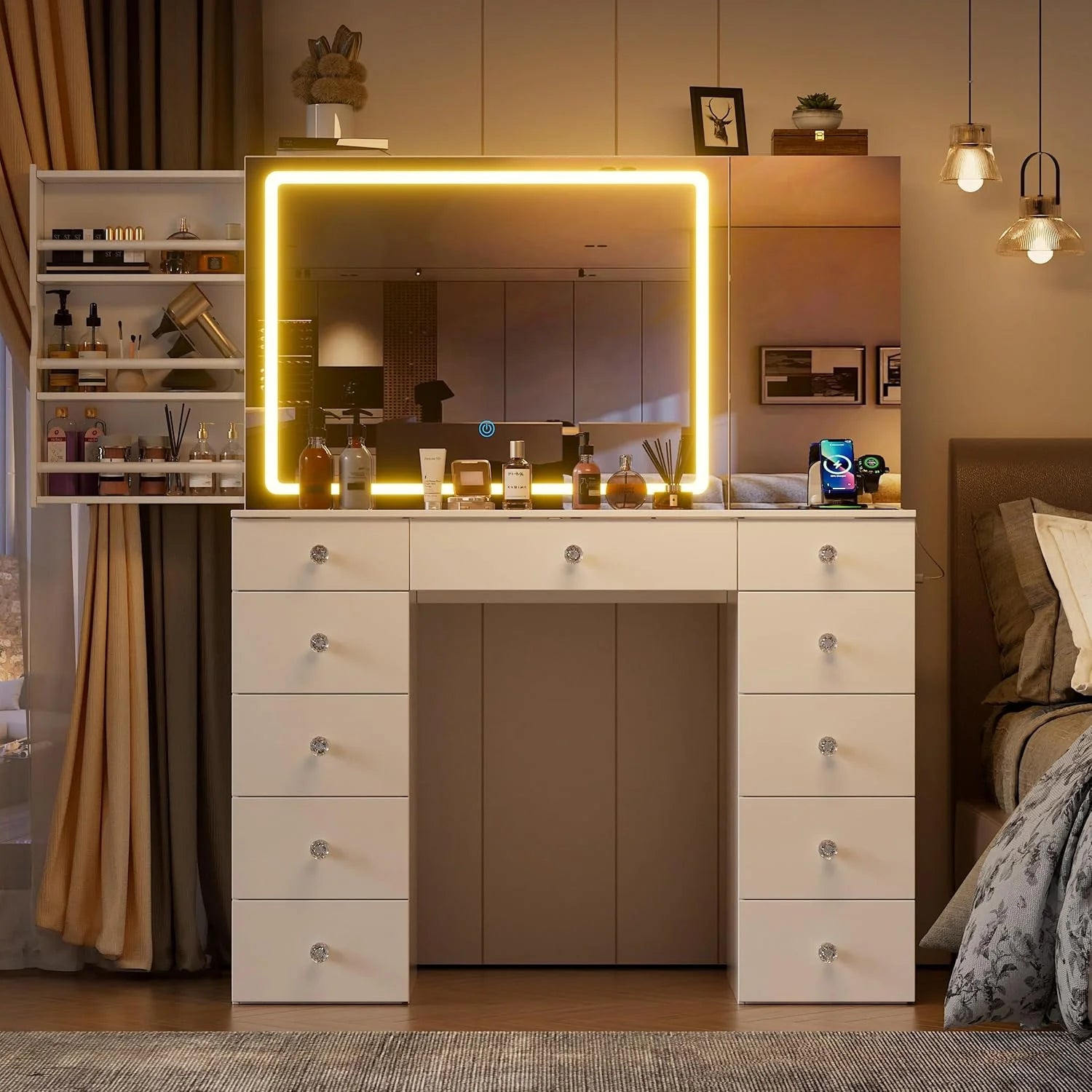 PAKASEPT Vanity Set with Lighted Mirror, Large Vanity Desk with Charging Station, Makeup Vanity Table with 11 Drawers & Hidden Sliding Storage Cabinet & Visible Glass Tabletop for Bedroom (White)