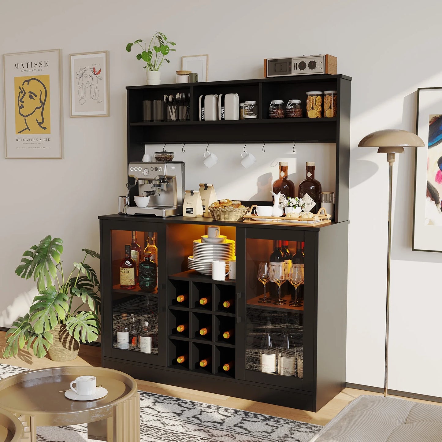 Bar Cabinet with LED Lights, Home Coffee Cabinet with Wine and Glass Rack, Buffet Sideboard with Storage Shelf for Kitchen, Modern Liquor Cabinet for Home, Black