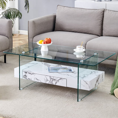 43.3 Inch Modern Two-Tier Coffee Table - Clear Tempered Glass and White Marble Texture, Multifunctional Storage Design.The bottom tier includes a drawer.Can be used as a coffee table,side table,etc.