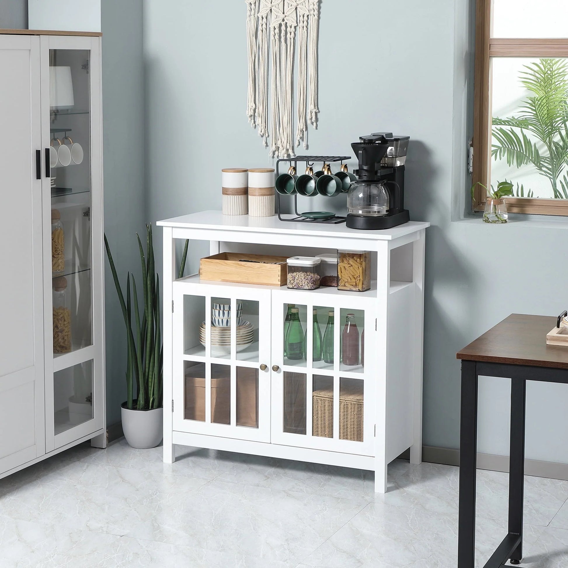 HOMCOM Kitchen Storage Sideboard Cabinet with Open Shelf and Glass Door Cabinets