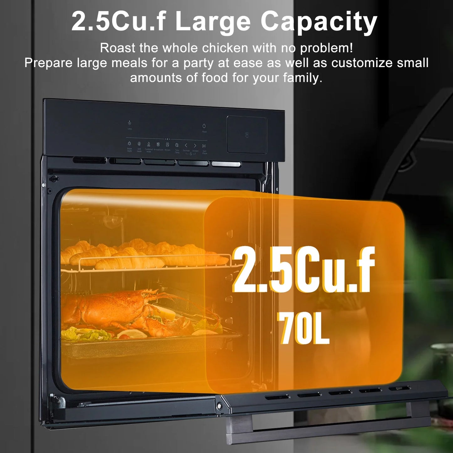 24" Electric Single Wall Oven - 70L Convection Oven with Air Frying, 2.5Cu.ft with 8 Baking Modes, 3D Surround Heating, Double-Layered Glass Door, Touch Control, Timer
