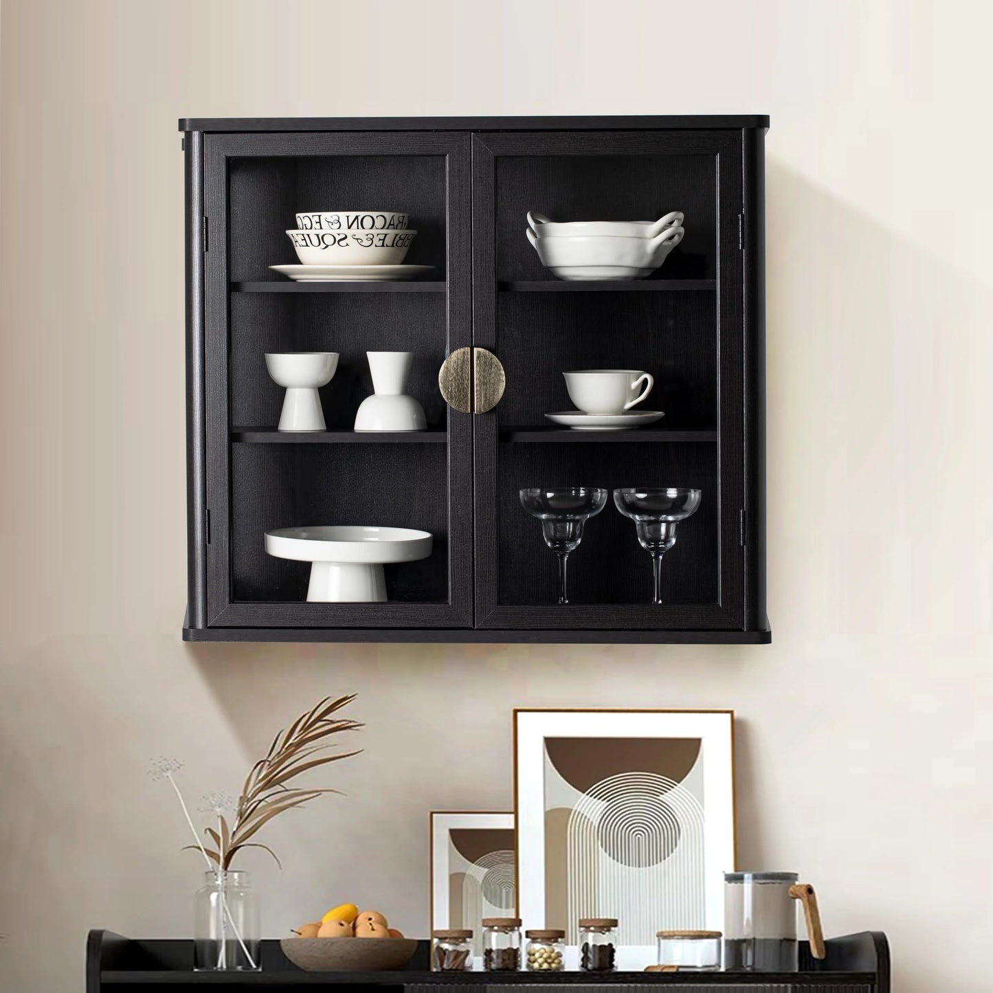 POLIHOME Display Wall Cabinet with Tempered Glass DoorsStorage Cabinet with Adjustable Shelves