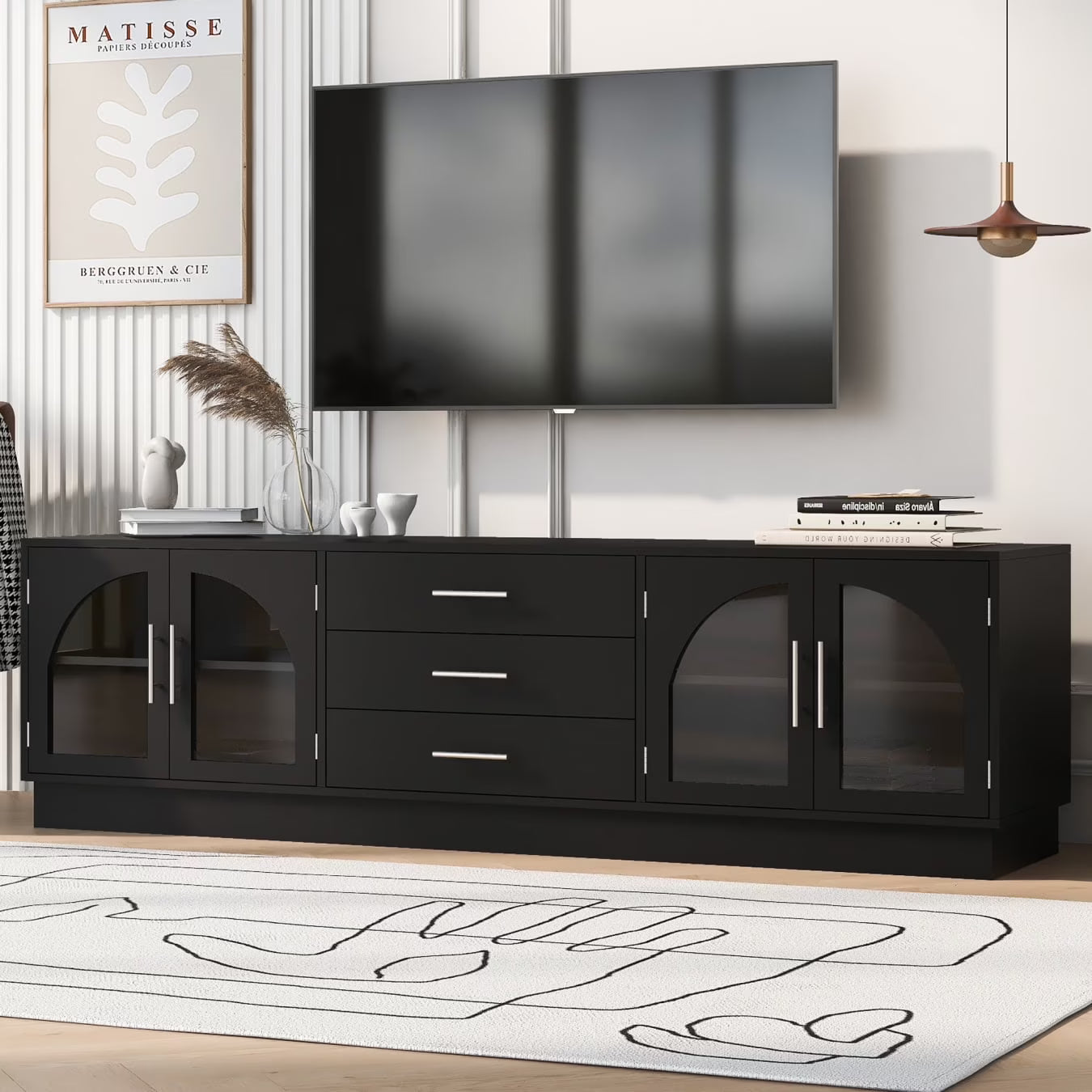 TV Stand for 75 Inch TV, Entertainment Center with Storage Cabinets and 3 Drawers, Media Console Cabinet with Adjustable Shelves and Glass Doors for Living Room, Black