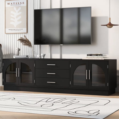 TV Stand for 75 Inch TV, Entertainment Center with Storage Cabinets and 3 Drawers, Media Console Cabinet with Adjustable Shelves and Glass Doors for Living Room, Black