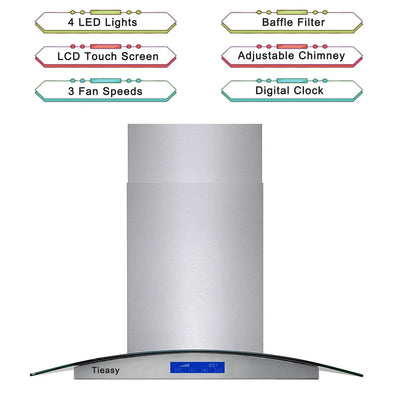 Joeaonz 36-Inch Island Mount Range Hood with 900 CFM, 4 LED Lights, Glass LCD Touch Control