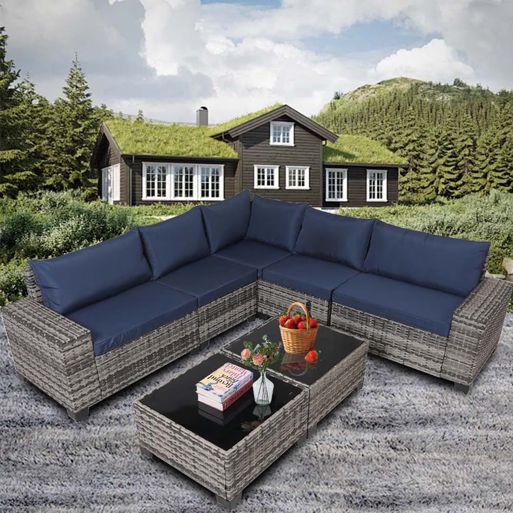 HISUKOY 7-Piece Wicker Modular All Weather Outdoor Conversation Sets with Washable Cushions and Glass Table