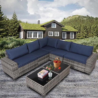 HISUKOY 7-Piece Wicker Modular All Weather Outdoor Conversation Sets with Washable Cushions and Glass Table